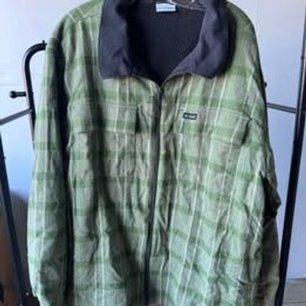 Columbia Mens 2XL Green Plaid Fleece Lined Flannel Full Zip Shirt Jacket